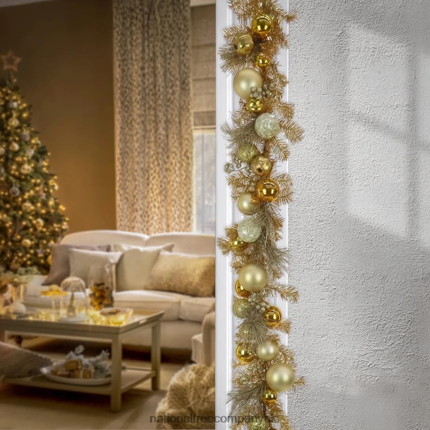 Greenery | National Tree Company 9\ Christmas Be Merry Trimmed Gold Garland 75 Warm White LED Lights- Battery Operated with Remote Control F2L4F359